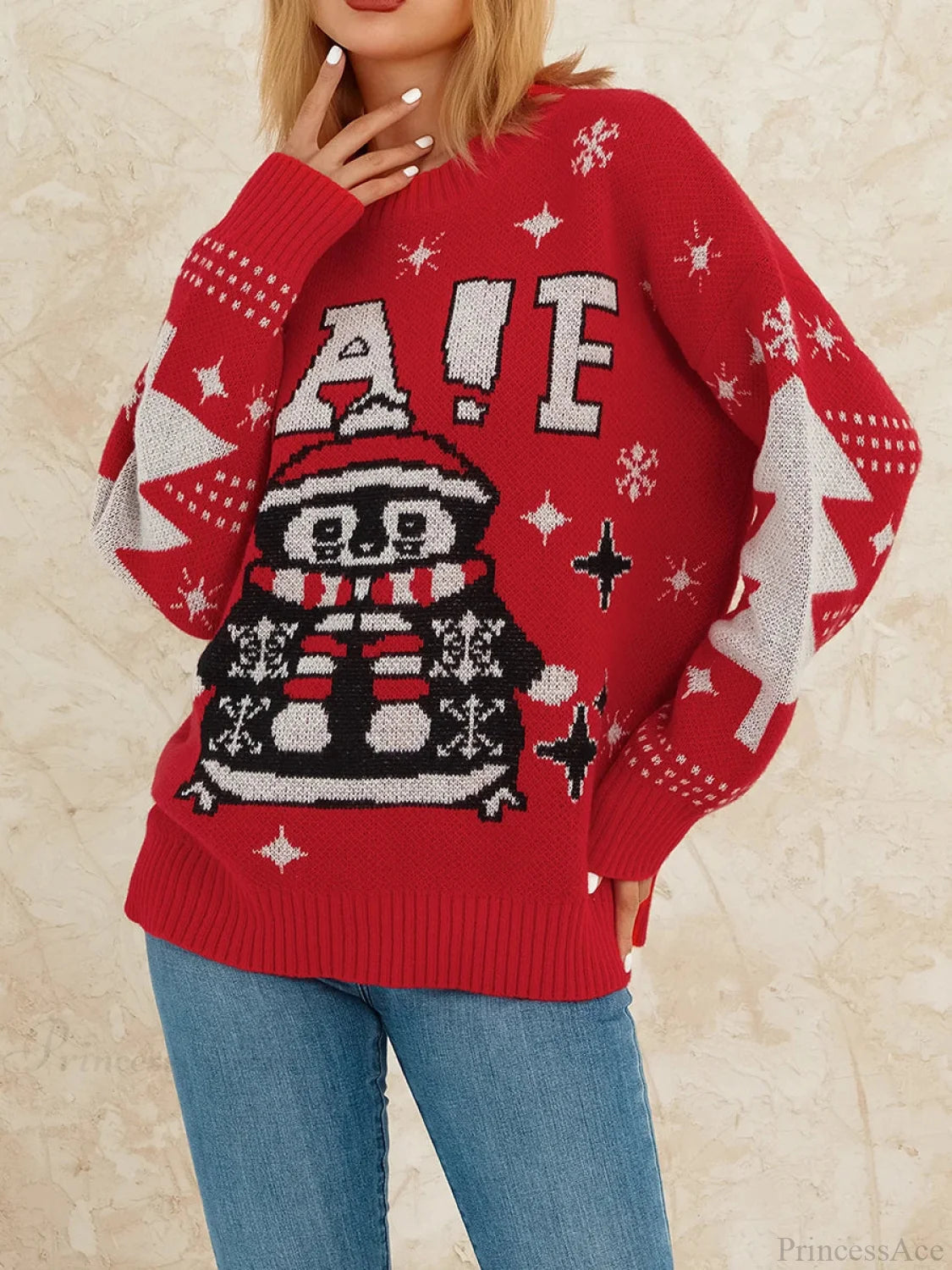 Reindeer Patterned Crew Neck Long Sleeve Knitwear Rib-knit Hem Christmas Sweater