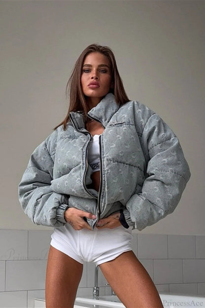 Retro Moon Print Denim Stand Collar Coat