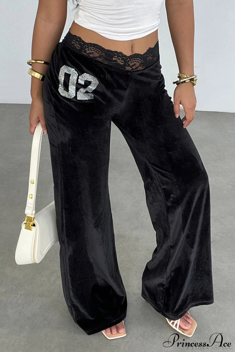 Rhinestone Lace Waist Patchwork Velvet Pants