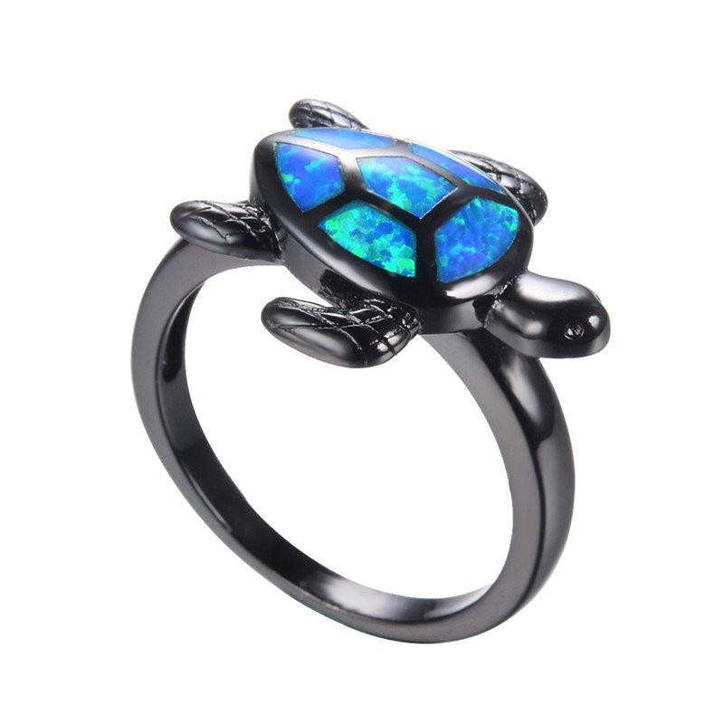 Blue Fire Opal Turtle Black Gold Ring