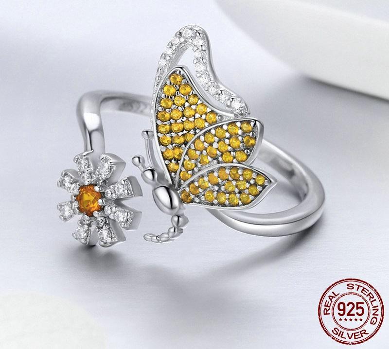 Butterfly & Daisy Sterling Silver Ring