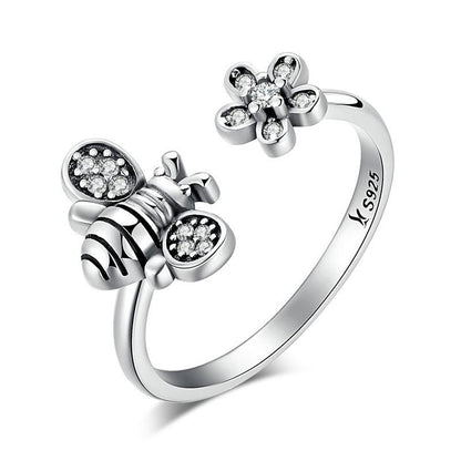 Flower & Bee Sterling Silver Open Ring