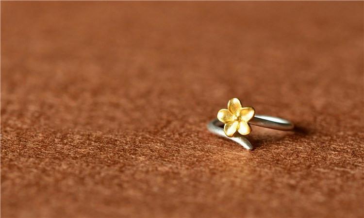Golden Cherry Blossom Silver Ring