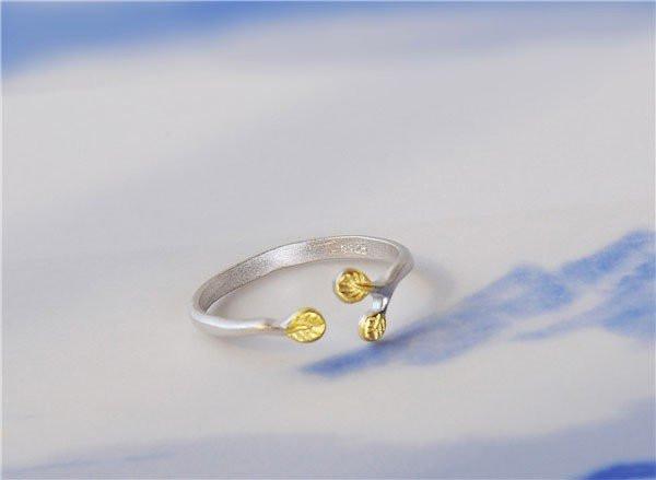 Golden Leaves Silver Open Ring