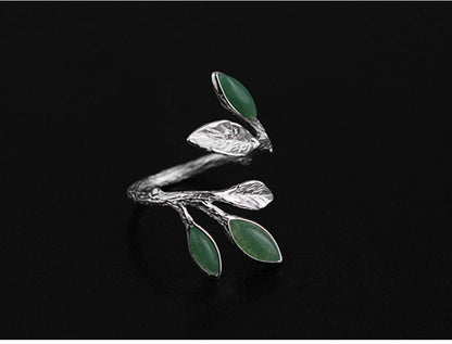 Green Aventurine Leaves Sterling Silver Ring