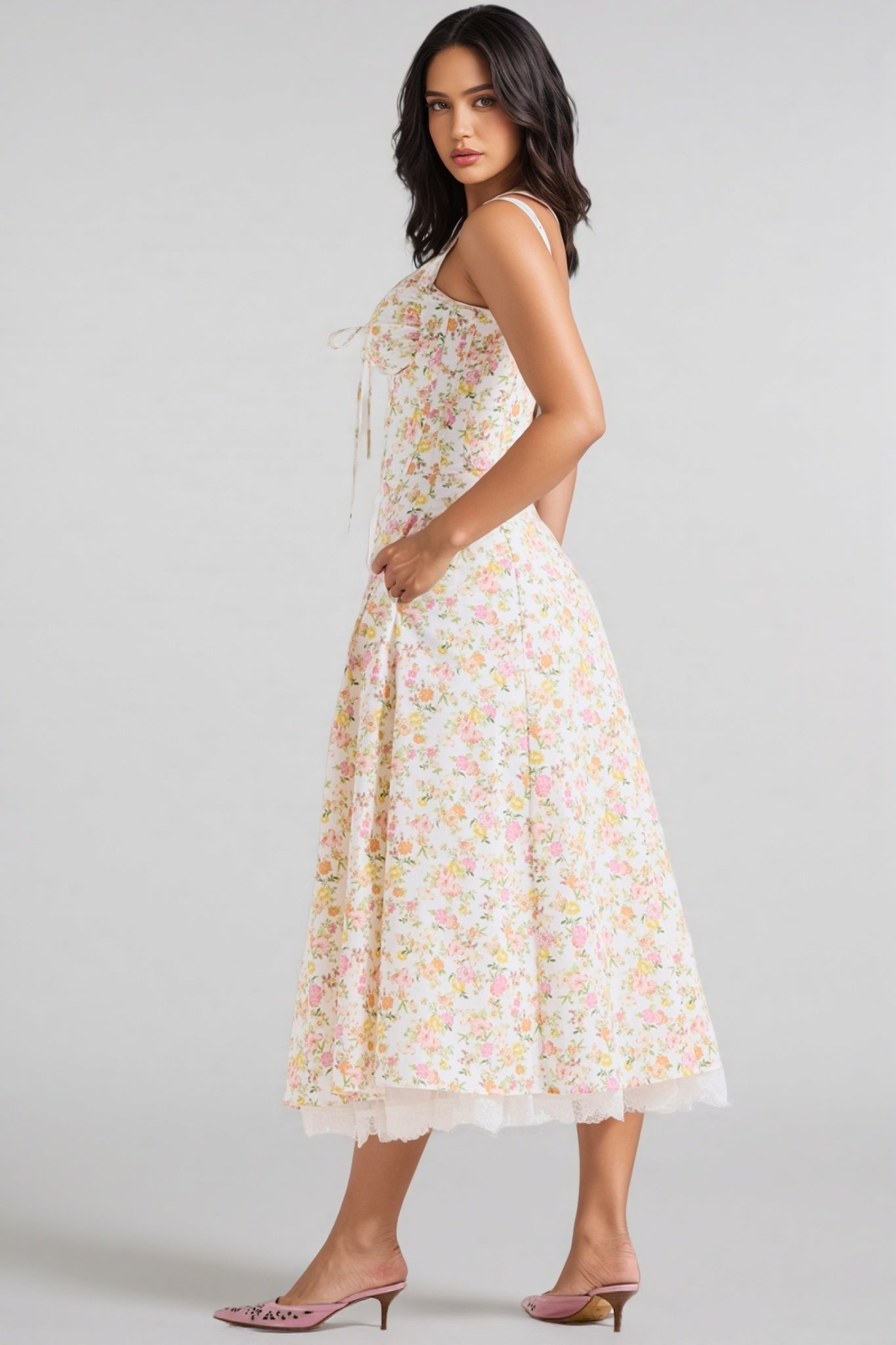 Larkt Meadow Print Cotton Bustier Midi Dress