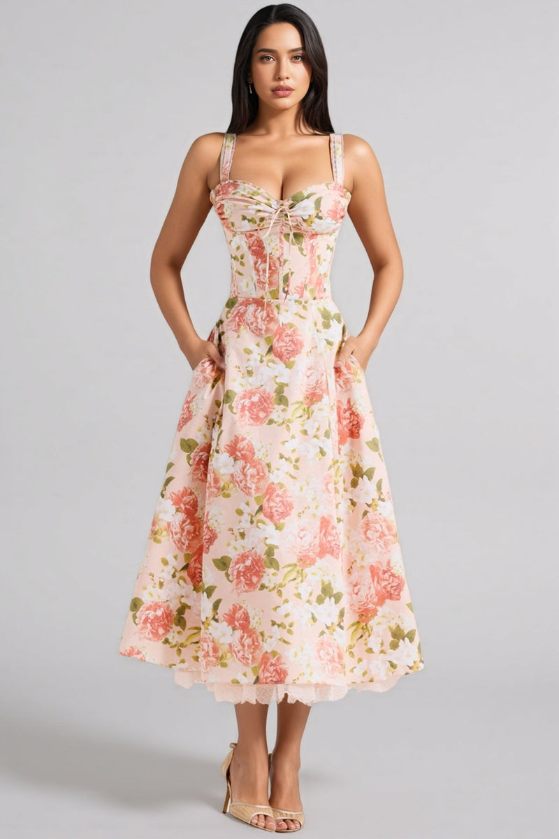 Aelin Pink Halter Print Midi Dress