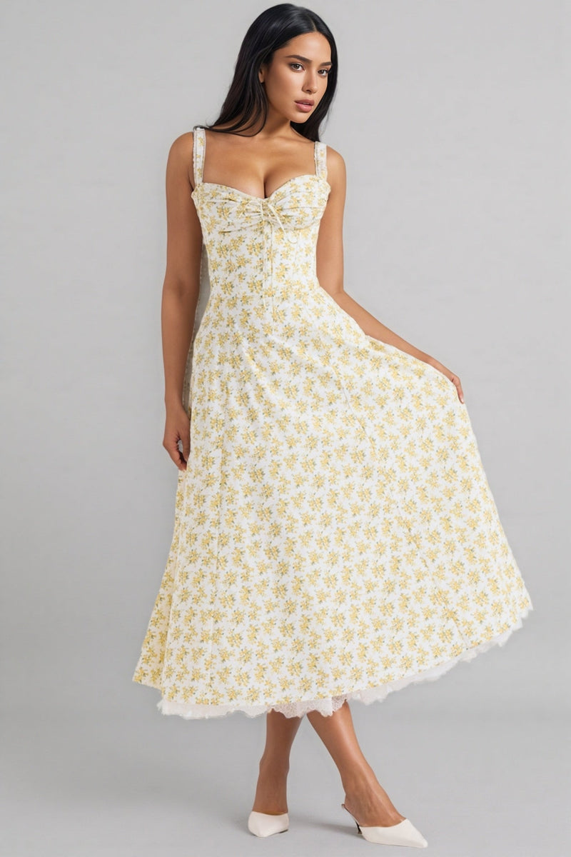 Emork White Print Cotton Midi Dress