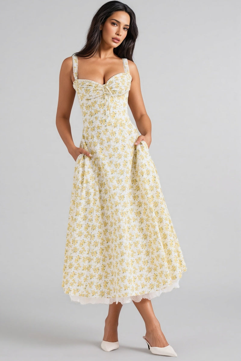 Emork White Print Cotton Midi Dress