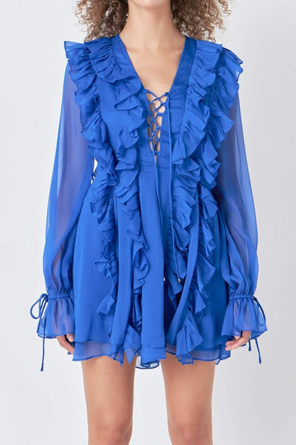 Rosalind Ruffle Tiered Lace Up A-line Mini Dress