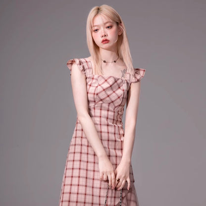 Blush Plaid Flutter Midi Dress