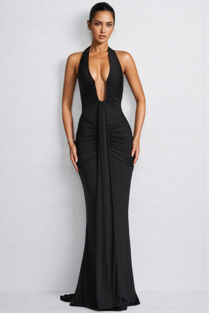 Patricia Black Deep V-neck Backless Maxi Dress