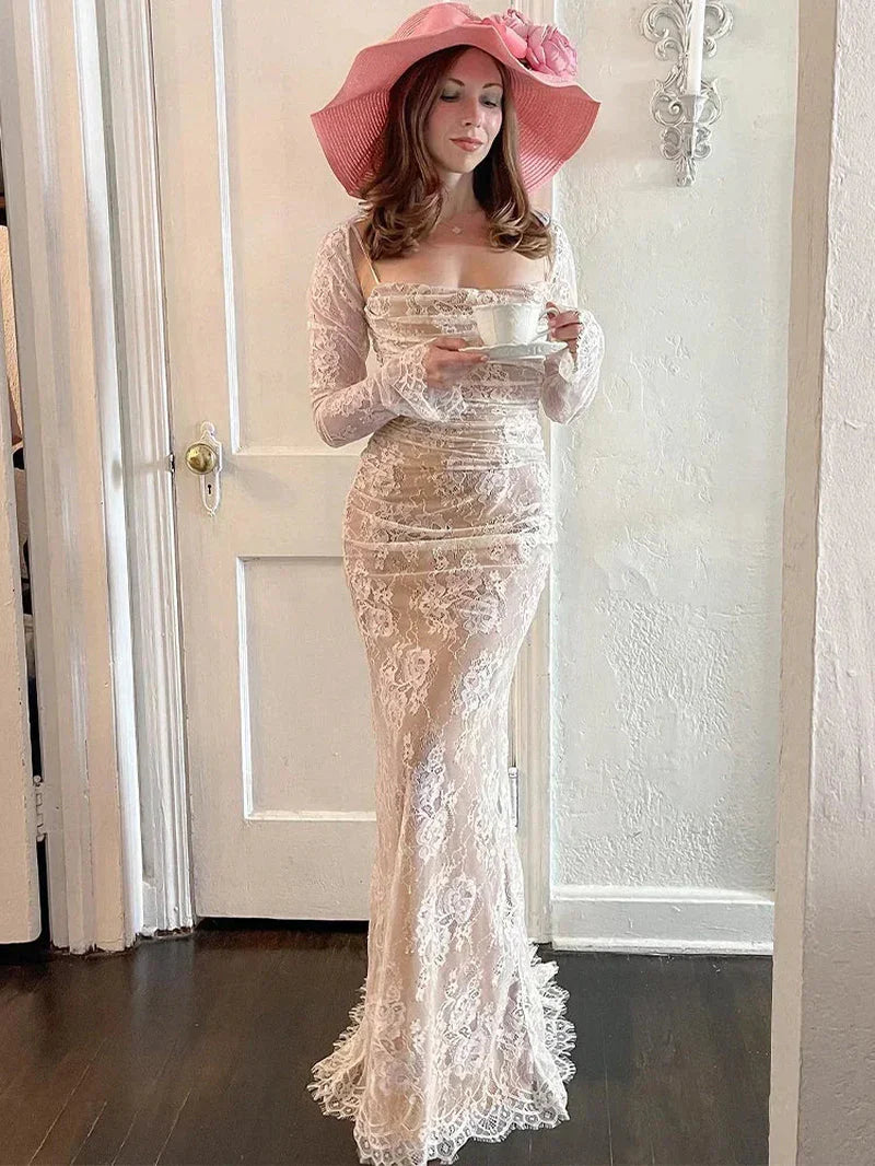 Mesh Lace Spaghetti Strap Maxi Dress With Shrug