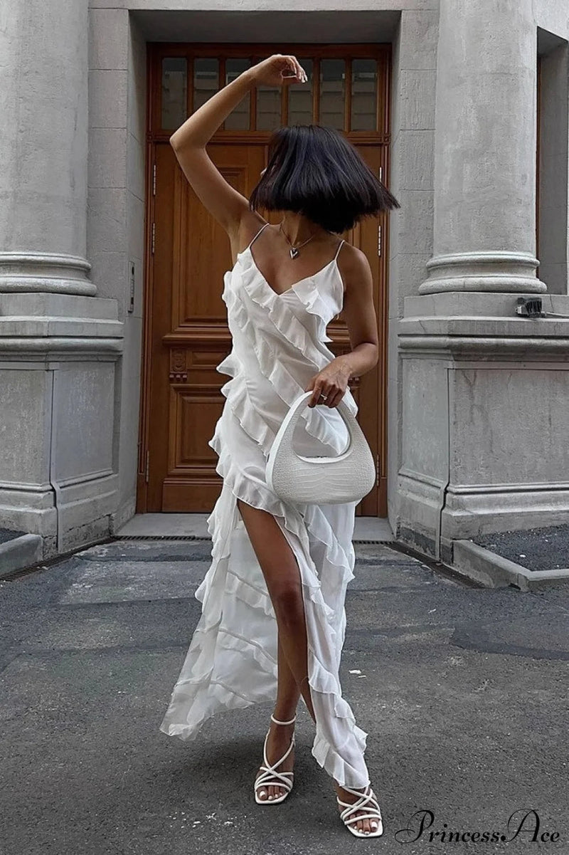 Ruffled Strapless Slit Bodycon Maxi Dress