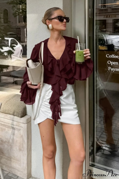 Ruffled V-neck Long-sleeve Tie-waist French Blouse