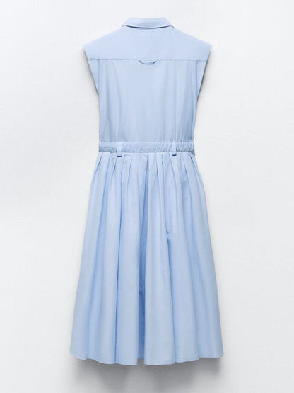 Blue Short Sleeves Midi Dress With Belt