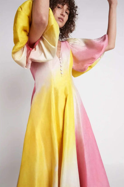 Salome Puff Sleeve V-neck Midi Dress
