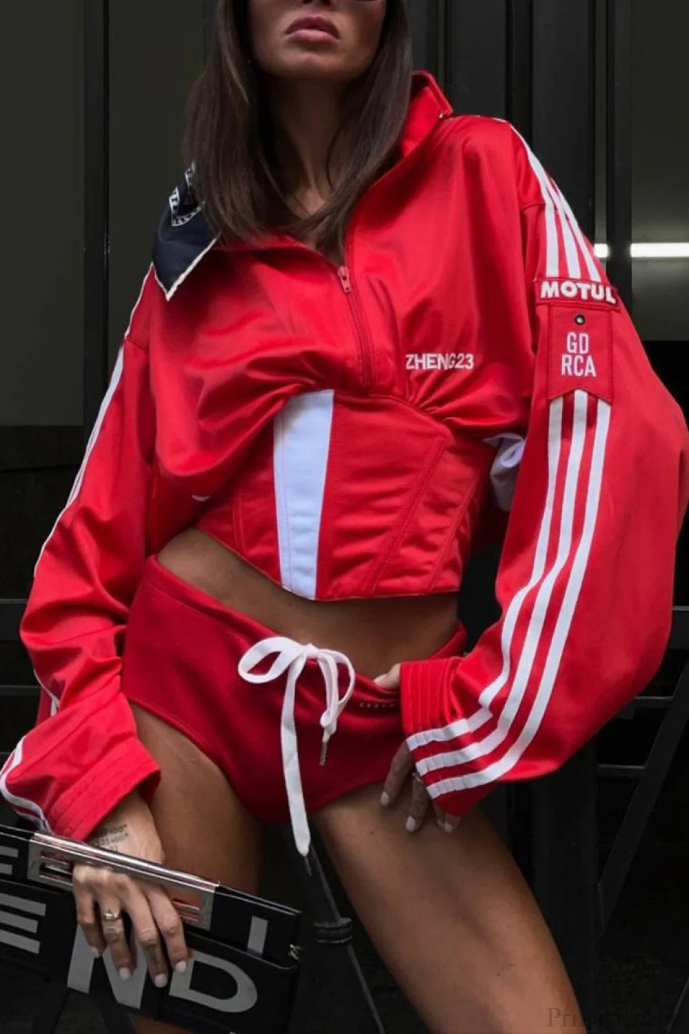 Satin Ruched Half Zip Crop Blouse