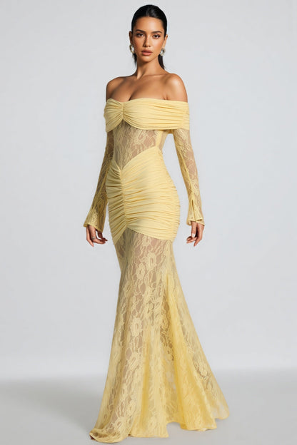 Jonilt Yellow Lace Cut-out Fishtail Maxi Dress