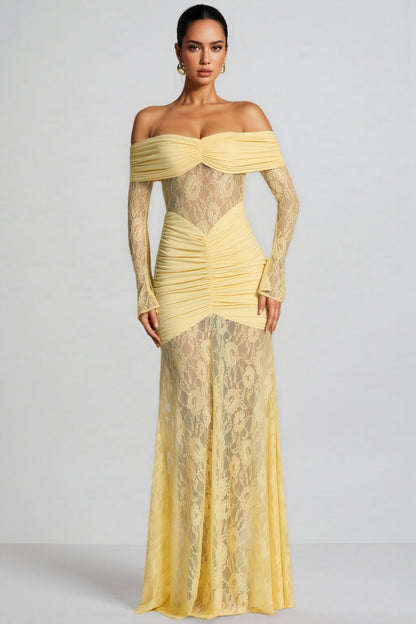 Jonilt Yellow Lace Cut-out Fishtail Maxi Dress