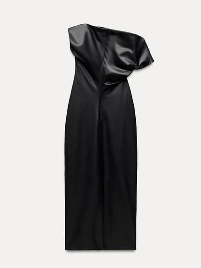 Asymmetric Pu Leather Slit Midi Dress