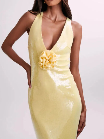 Applique Rose Sequin Backless Maxi Dress