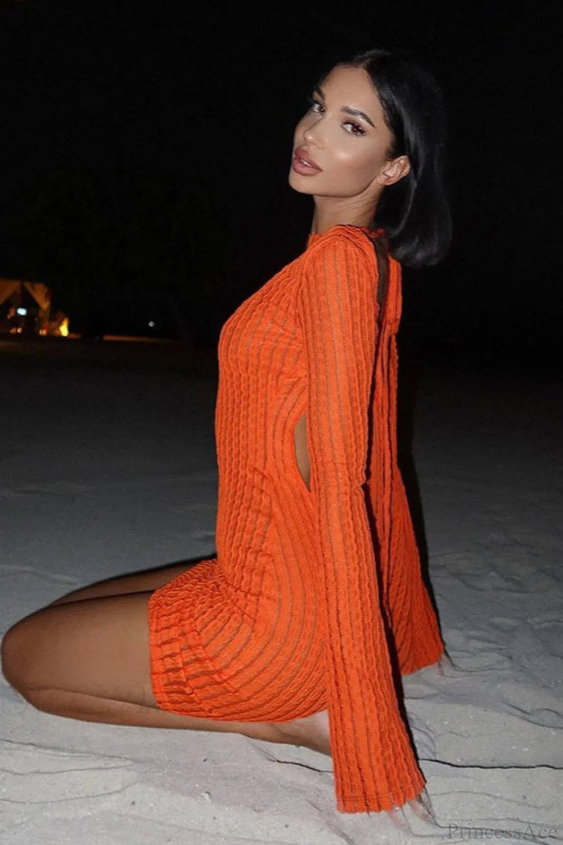 Backless Lace Up Textured Mini Dress