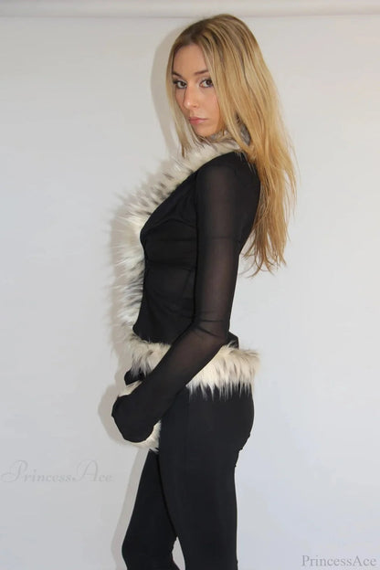 Fur Collar Tulle Panel Cropped Long Sleeve Blouse