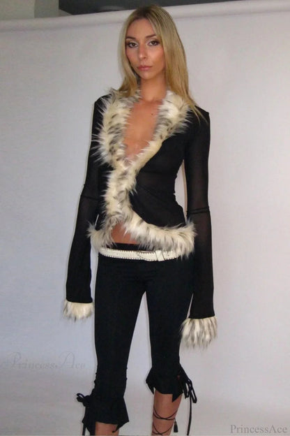 Fur Collar Tulle Panel Cropped Long Sleeve Blouse