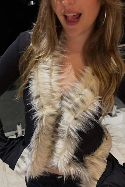 Fur Collar Tulle Panel Cropped Long Sleeve Blouse