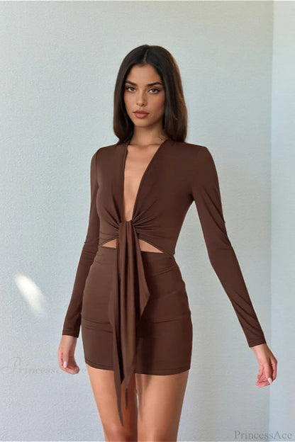 Deep V Knit Long Sleeve Hollow Out Bodycon Mini Dress