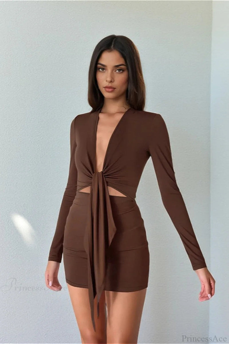 Deep V Knit Long Sleeve Hollow Out Bodycon Mini Dress