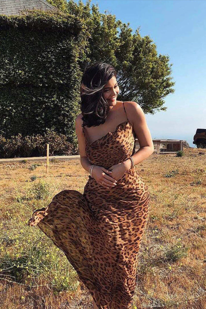 Leopard Spaghetti Strap Backless Maxi Dress