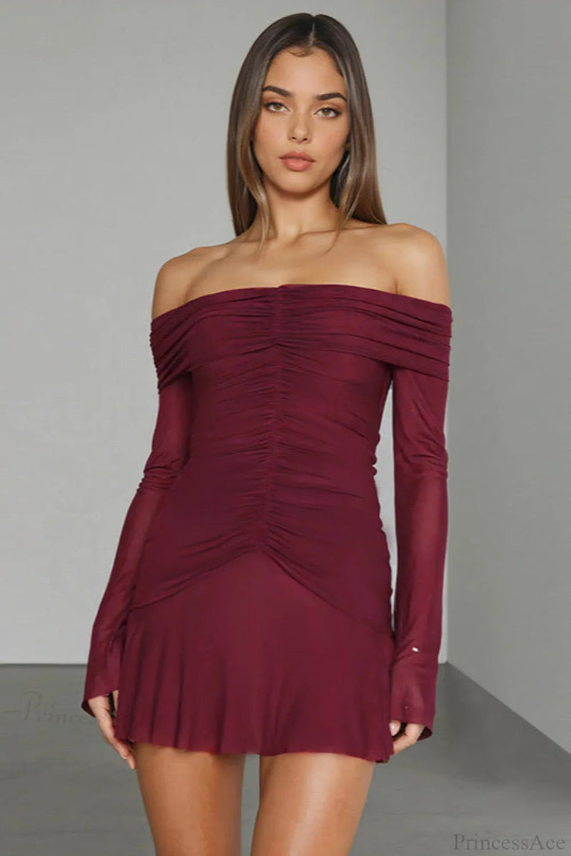 Off Shoulder Ruched Ruffle Long Sleeve Mini Dress