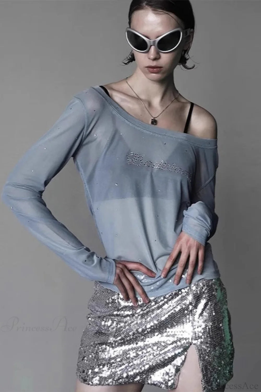 Rhinestone Embellished Off-the-shoulder Tulle Blouse