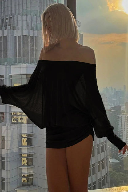 Color Batwing Off-the-shoulder Long Sleeve Blouse