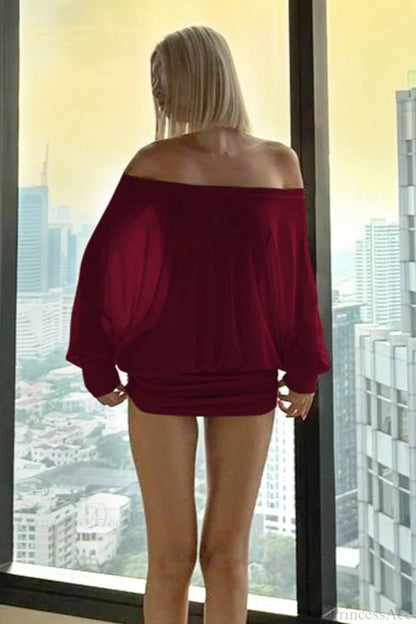 Color Batwing Off-the-shoulder Long Sleeve Blouse