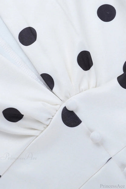V Neck Polka Dot Lantern Sleeve Waist Cinching Fitted Mini Dress