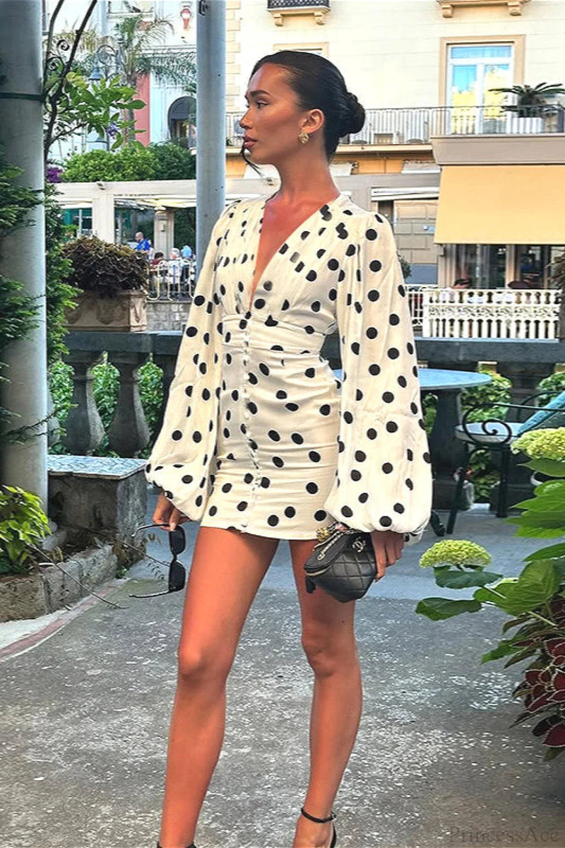 V Neck Polka Dot Lantern Sleeve Waist Cinching Fitted Mini Dress