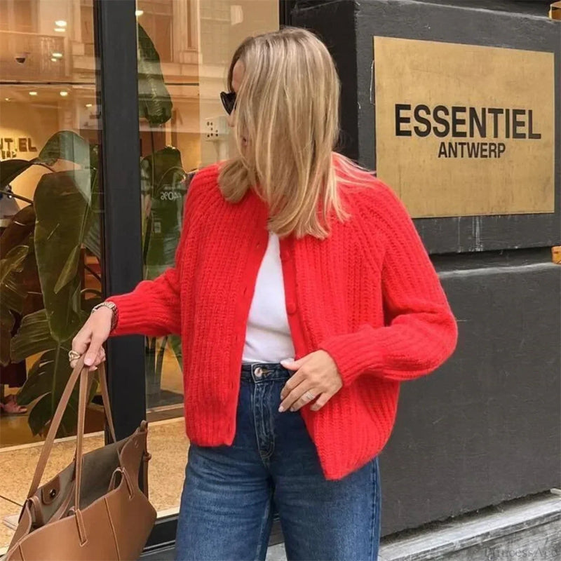 Short Cardigan With Round Neck Long Sleeve Fashionable Red Christmas Sweater