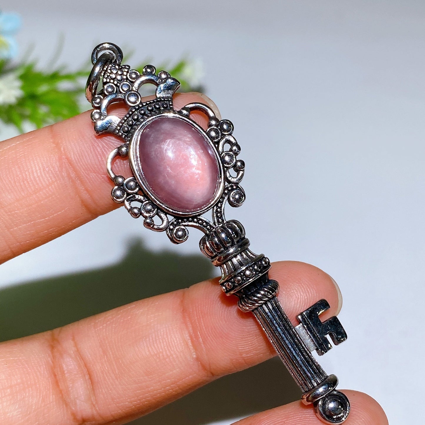 Silver Crystal Key Pendant With Healing Gemstones 65mm