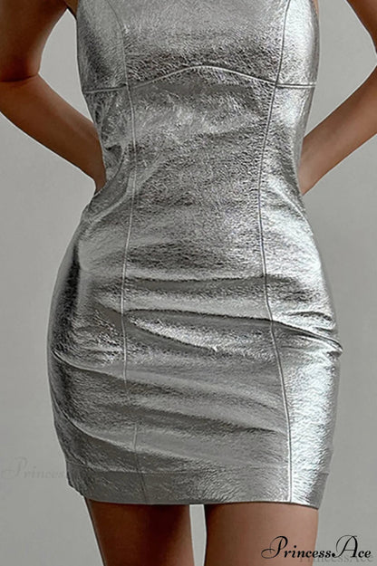 Silver Futuristic Pu Leather Crew Neck Fitted Mini Dress