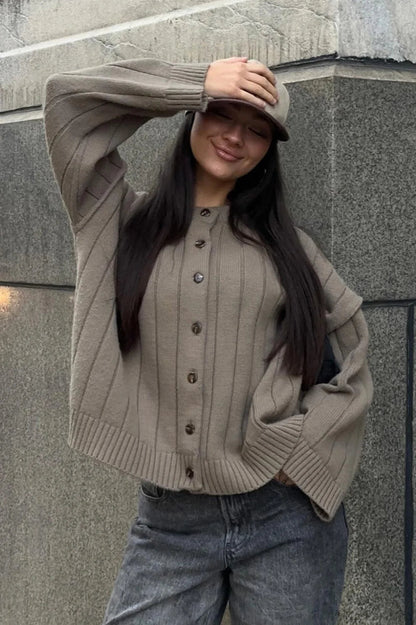 Simple Rib Crewneck Oversized Cardigan Sweater