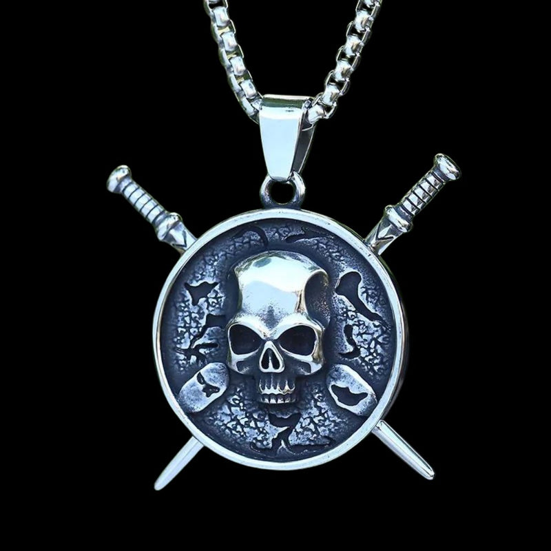 Skull Crossed Sword Shield Pendant