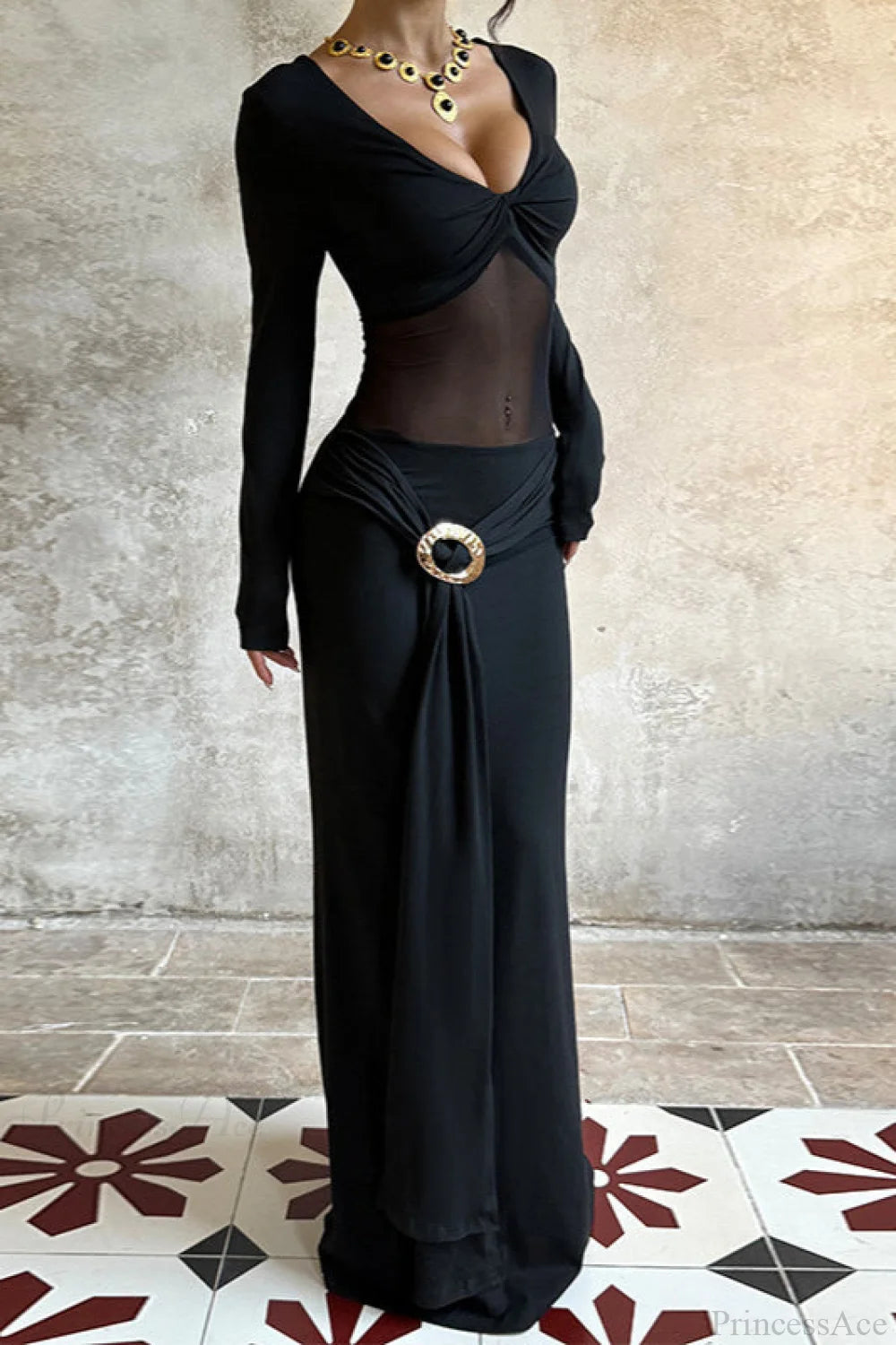 Slim Deep V Mesh Spliced Maxi Dress