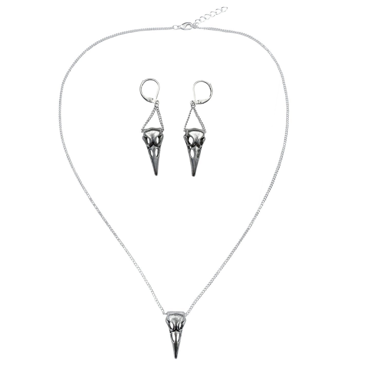 Silver Raven Skull Charm Necklace Chain and Earring Set