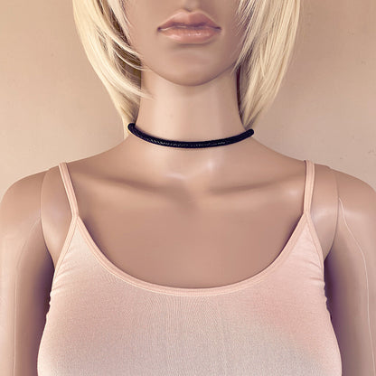 Black Leather Sparkly Snakeskin Choker Necklace With Silver Extender Chain & Swarovski Crystal