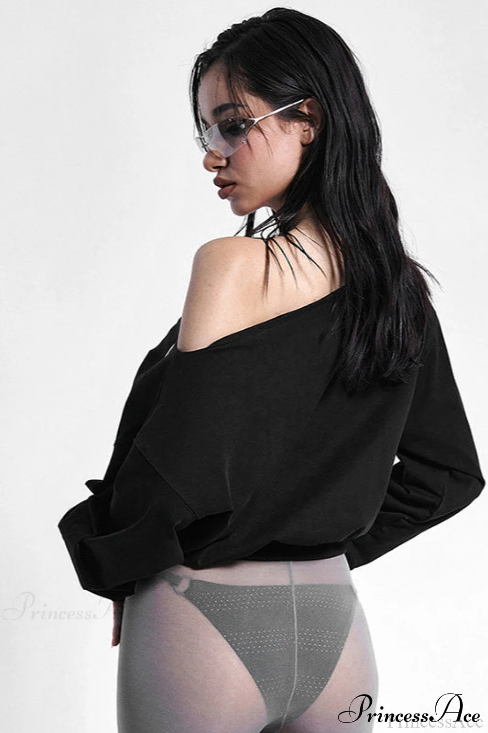 Color Asymmetric Shoulder Cutout Long Sleeve Blouse