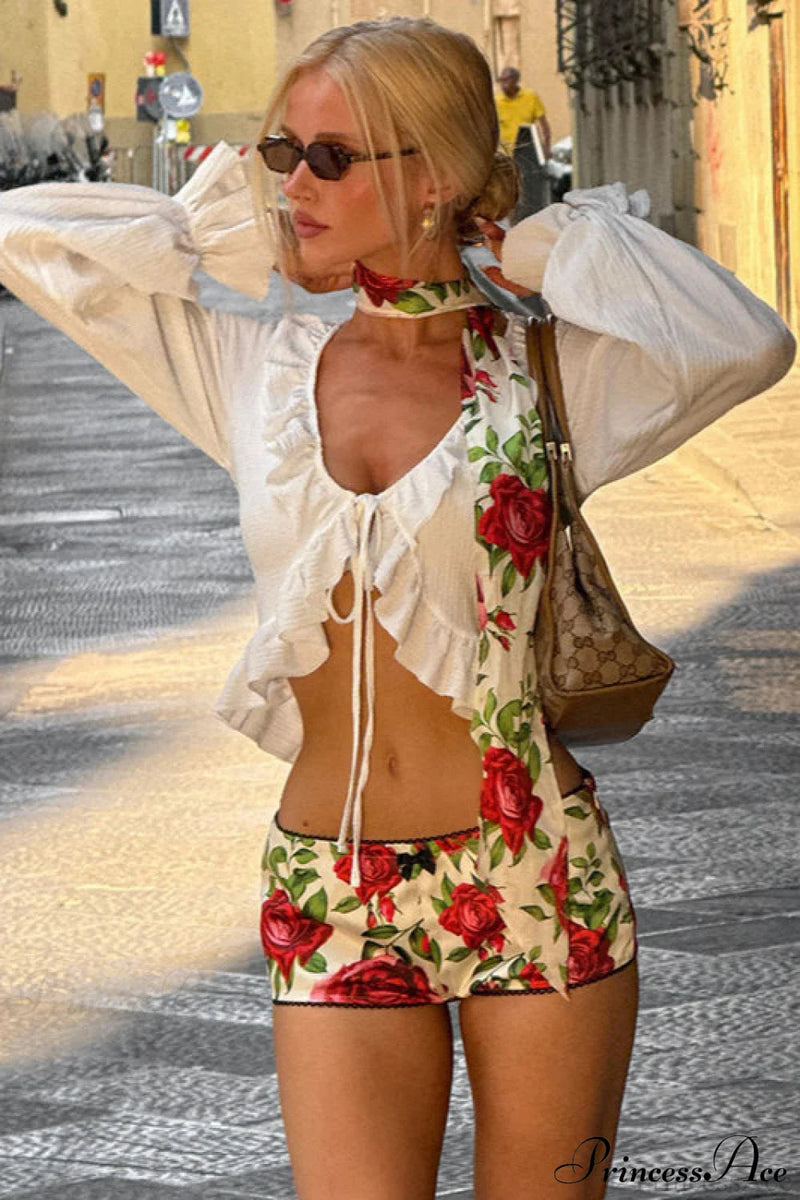 Color Ruffled Tie Long Sleeve Blouse
