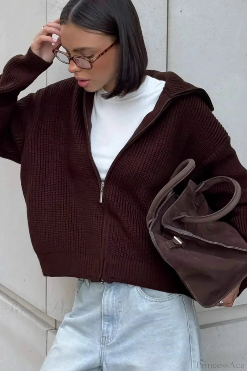 Simple Zip Cardigan Slouchy Knit Jacket